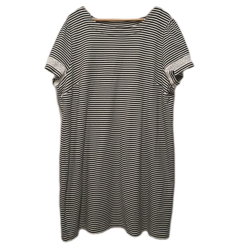 Talbots Shift Mini Dress Womens 3X Black White Striped 100% Cotton Knit Coastal